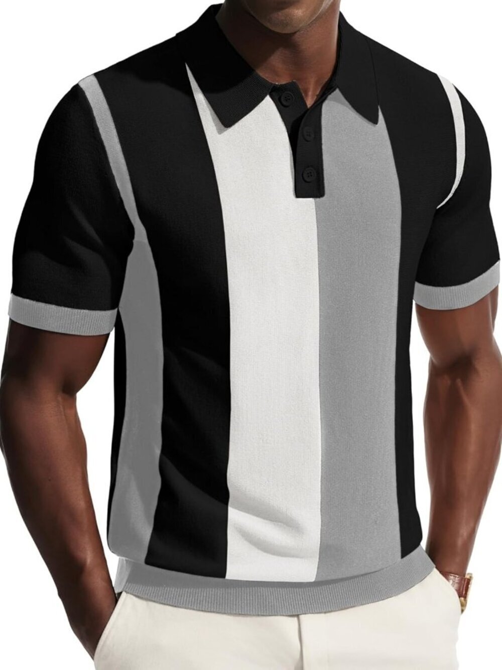 Men's Grey Black Vintage Striped Knit Polo Shirt Casual Golf Beach Summer